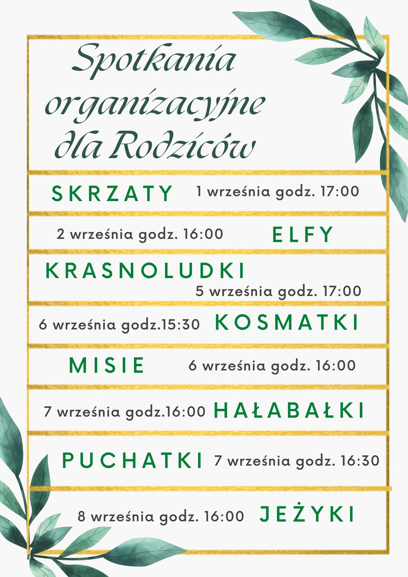 Spotkania organizacyjne dla Rodziców